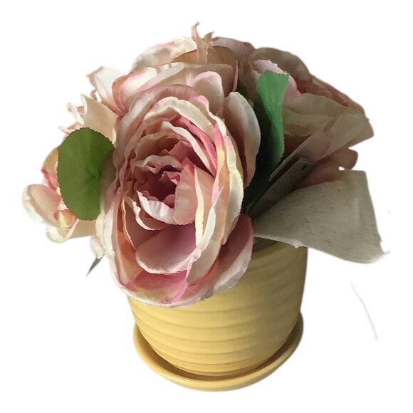 Shabby Chic Pink Faux Peony Floral & Yellow Ribbed Ceramic Pot Set Home Decor - Picture 11 of 11